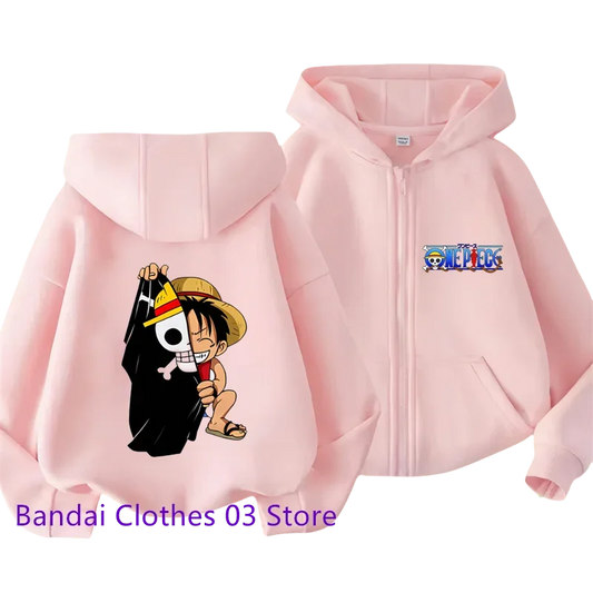 Hot Anime One Piece Kids Zipper Hoodie – Cartoon Luffy Print Autumn/Winter Sweatshirt