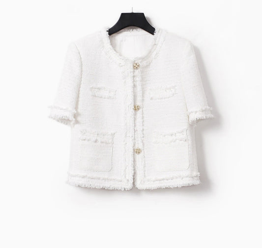 White Tweed Jacket – Short Sleeved Spring/Autumn Women’s Jacket Top, New One Piece Classic Jacket