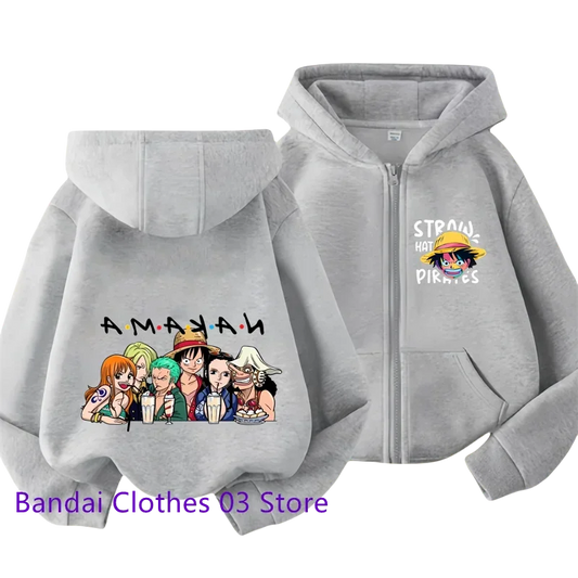 Anime New One Piece Kids Zipper Hoodie – Cartoon Luffy Print Autumn/Winter Sweatshirt
