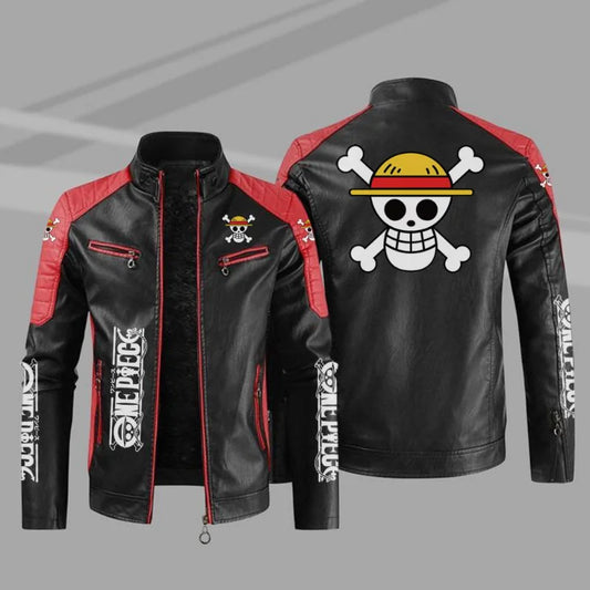 Anime One Piece Men’s Leather Jacket – Autumn Casual Stand Collar PU Biker Coat