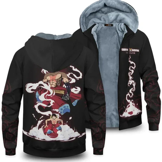 One Piece Warm Winter Oversized Anime Hoodie – Zip-Up Luffy &amp; Zoro Sweatshirt Coat