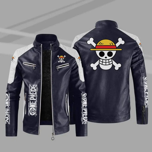 Anime One Piece Men’s Leather Jacket – Autumn Casual Stand Collar PU Biker Coat